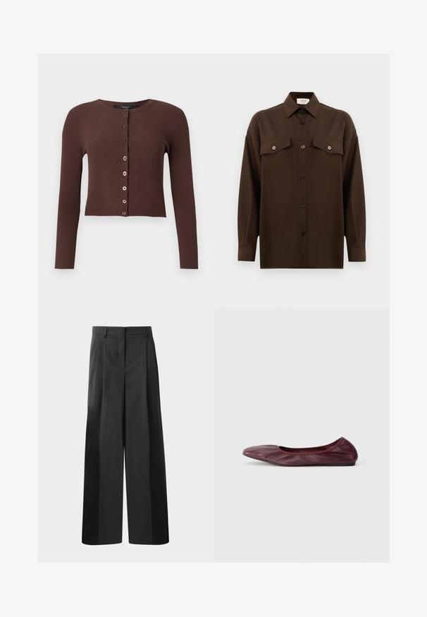 Barna bordás kardigán kerek nyakkivágással, hosszú ujjakkal és rövidített szegéllyel. Hat kerek gomb díszíti az elejét.; Sötétbarna, hosszú ujjú, gombos ing, két zsebével a mellén és klasszikus gallérral, egyszerű fehér háttér előtt bemutatva.; Fekete, bő szárú nadrág magas derékkal, elöl plissékkel, sima felülettel és igényes kidolgozással. Kényelmes viseletre tervezve.; Burgundi színű, mély bőrből készült balerina cipő, lekerekített orral, rugalmas szegéllyel és sima felülettel, finom redőzéssel.