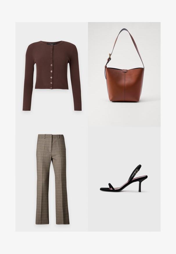 Pruun ribalik kardigan ümmarguse kaelusega, pikkade varrukatega ja lühikese hemiga. Ees on kuus ümmargust nööpi.; Valge sooniline lühikeste varrukatega topp laia kaelusega. Tekstuuril on vertikaalsed triibud, mis rõhutavad mugavat istuvust ja lihtsat disaini.; Pruunist ruudulisest kangast püstise sääremuudega püksid, millel on tekstureeritud kangas ja peened beeži ning tumedamate pruunide tooni mustrid.; Mustmust naiste kõrge kontsaga sandaalid mustast nahast kitsaste rihmadega ja kullavärvi pandlaga valgel taustal, külgvaade.; Pruun nahast õlakott, millel on kaarjas kuju, sile tekstuur ja üks õhuke rihm. Omab peent õmblust ja väikest logo detaili.