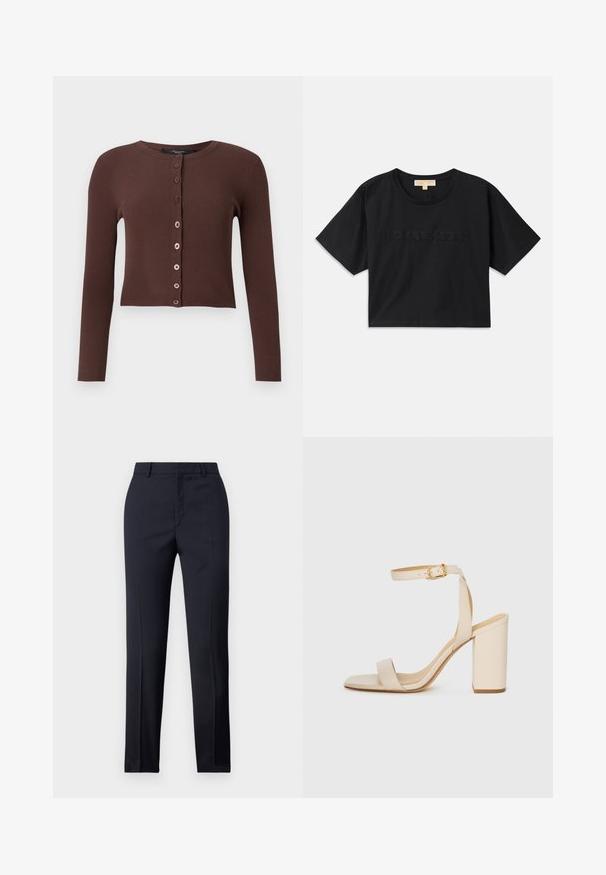 Pruun ribalik kardigan ümmarguse kaelusega, pikkade varrukatega ja lühikese hemiga. Ees on kuus ümmargust nööpi.; Must have mustakroot särk, mis on valmistatud puuvillast. Omab ümmargust kaelust ja lühikesi varrukaid. Ees on sama värviga tikitud "MICHAEL KORS".; Tumed kohandatud püksid sirge lõikega, millel on sile tekstuur, kaks esist taskut ja puhas vöökoht.; Beez värvi kõrge kontsaga sandaal ruudukujulise varba, peene pahkluu rihma ja plokknupuga. Sile nahk текстuur kuldse pandlaga detailiga.