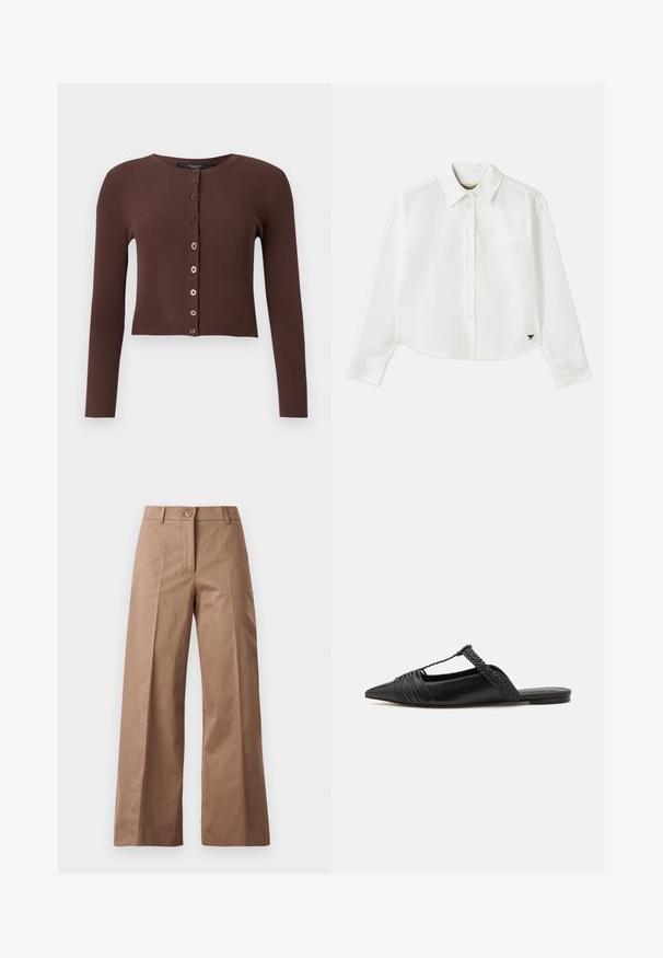 Brązowy kardigan prążkowany z okrągłym dekoltem, długimi rękawami i skróconym dołem. Posiada sześć okrągłych guzików z przodu.; Biały, krótki, długi rękaw koszuli wykonanej z bawełny. Posiada zapięcie na guziki z przodu, kieszeń na piersi oraz małe czarne logo w lewym dolnym rogu.; Brązowe spodnie szerokie, wykonane z gładkiego materiału, z zamknięciem na guzik z przodu, dwiema przednimi kieszeniami oraz czystymi, dopasowanymi liniami.; Czarny skórzany but na odkrytej pięcie z pointed toe, ozdobiony plecionym akcentem i plisowanym wzorem górnej części. Płaska podeszwa z minimalnymi elementami.