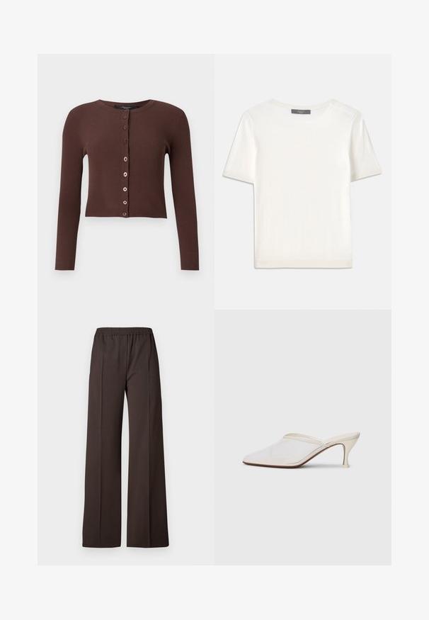 Cardigan maro cu nervuri, cu guler rotund, mâneci lungi și un tiv scurt. Are șase nasturi rotunzi pe partea din față.; Top tricotat alb cu mânecă scurtă, cu decolteu rotund, având o textură netedă și accente subtile cu nervuri la mâneci și la margine.; Pantaloni largi dintr-o țesătură maro închis cu un tiv elastic, având o textură netedă și linii curate pentru un aspect elegant.; Mule alb cu plasă, cu vârf ascuțit, toc subțire de înălțime medie și design slip-on, pe un fundal simplu.