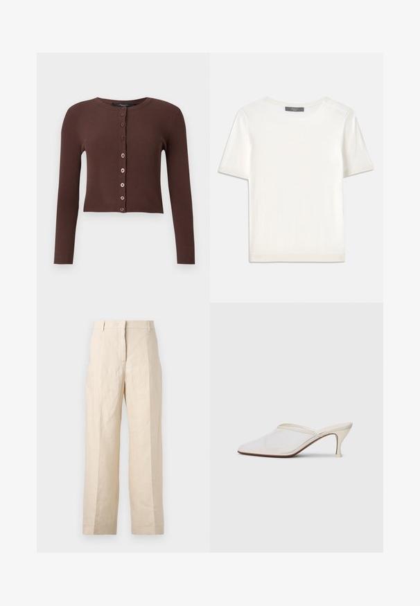Brown ribbed cardigan with a round neckline, long sleeves, and a cropped hem. Features six round buttons down the front.; White short-sleeve knit top with a round neckline, featuring a smooth texture and subtle ribbed accents at sleeves and hem.; Beige linen trousers with a loose fit, pleated front, and straight legs. Features a waistband with belt loops and no visible pockets.; White mesh pointed-toe mule with a slim mid-height heel and slip-on design against a plain background.