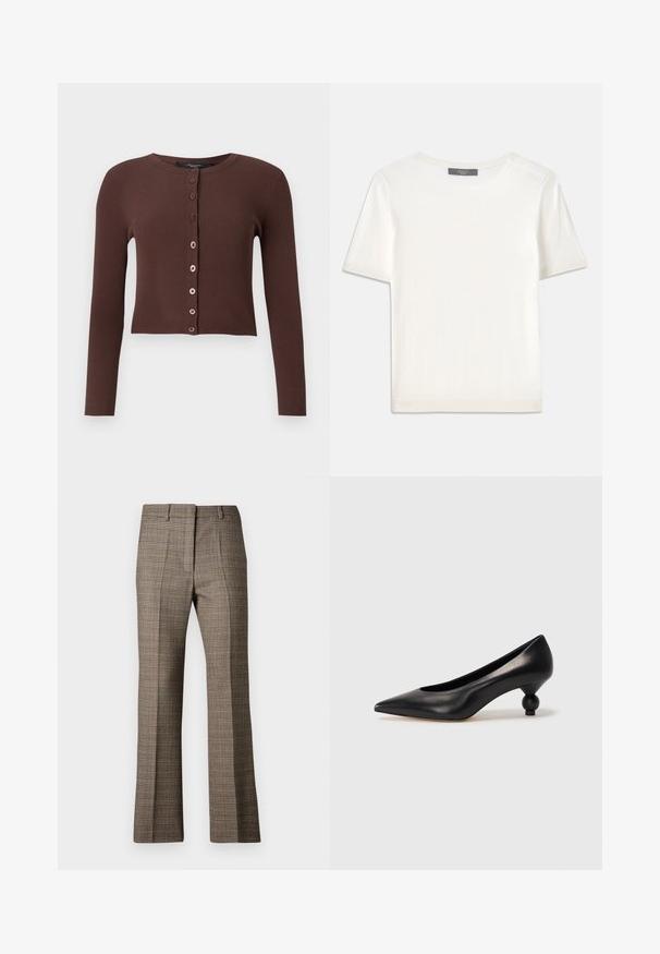 Cardigan marrone a coste con scollo rotondo, maniche lunghe e orlo corto. Presenta sei bottoni rotondi sul davanti.; Top corto a maniche corte di colore bianco, in maglia, con scollatura rotonda. Presenta una texture liscia e accenti a coste sottili sulle maniche e sull'orlo.; Pantaloni a quadri marroni con taglio dritto, caratterizzati da un tessuto testurizzato e da sfumature sottili di beige e marroni scuri in tutto il motivo.; Scarpa con tacco alto in pelle nera, con punta affilata e tacco arrotondato e bombato. Texture liscia con un design elegante e minimalista.