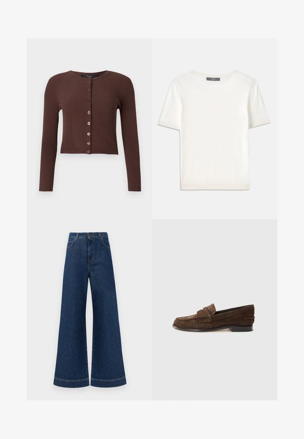 Hnedý rebrovaný cardigan s okrúhlym výstrihom, dlhými rukávmi a skráteným spodným okrajom. Obsahuje šesť okrúhlych gombíkov pozdĺž prednej strany.; Biele krátke rukávy pletené tričko s okrúhlym výstrihom, ktoré má jemnú textúru a nenápadné rebrované detaily na rukávoch a leme.; Modré denimové nohavice so širokými nohavicami a vysokým pásom, ktoré majú gombíkový zapínanie, pútka na opasok a jemné švy pozdĺž vreciek a lemov.; Hnedé semišové mokasíny s nízkym podpätkom, ktoré majú prešité zvršky a hladké vnútorné podšívky. Bočné akcenty dodávajú textúru.