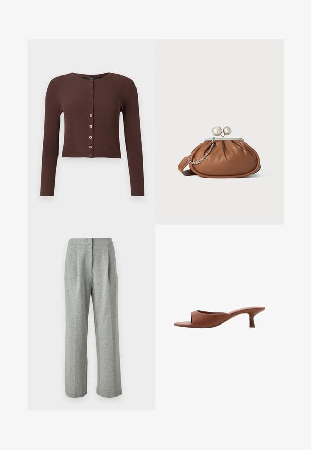 Hnedý rebrovaný cardigan s okrúhlym výstrihom, dlhými rukávmi a skráteným spodným okrajom. Obsahuje šesť okrúhlych gombíkov pozdĺž prednej strany.; Hladký krémový top s dlhým rukávom a okrúhlym výstrihom, ktorý má vrstvený dizajn a naberanú časť v dolnej časti. Mäkká látka s jemnou textúrou.; Sivé, vysoké nohavice vyrobené z mäkkej, textúrovanej tkaniny. Obsahujú dva predné záhyby a rovný strih nohavíc, s gombíkovým zapínaním.; Hnedé sandále na vysokom opätku s otvorenou špičkou, s hladkým, matným povrchom, so zakriveným dizajnom a priehľadným, zužujúcim sa opätkom.; Hnedá kožená kabelka s strieborným guľovým zapínaním a malým strieborným reťazom na bielom pozadí.