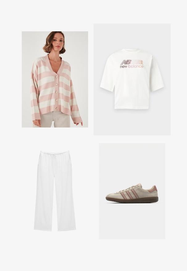 LELA Kardigán - powder stone; Biele tričko s krátkym rukávom vyrobené zo bavlny, s prechodovým logom v ružovej a šedej farbe a textom „new balance“ pod logom.; Biele nohavice s širokými nohavicami vyrobené z mäkkého materiálu, s elastickým pásom na šnúrku a dvomi bočnými vreckami. Jednoduchý a čistý dizajn.; Béžové semišové tenisky s ružovými akcentmi, obsahujúce tri prekrývajúce sa pruhy, textúrovaný špičkový cap a gumovú podrážku s drážkami.