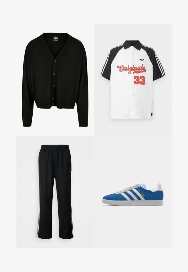 Črni kardigan iz mehkega blaga, z v-izrezom, zapiranjem na gumbe ter rebrastimi manšetami in robom za sproščen fit.; Bela kratka polo majica s črnim ovratnikom, črnimi rokavi, rdečo grafiko "The Originals" in rdečim napisom "33" na sprednji strani.; Črne atletske hlače z elastičnim pasom, ki imajo bele stranske črte in majhen logo. Material izgleda mehak in lahek.; adidas Originals ADIDAS GAZELLE SHOES - Dvoranske nogometne kopačke - real madrid/bluebird/footwear white/crew yellow