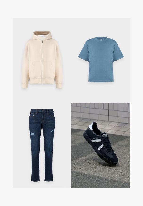 Hanorac bej cu glugă, prevăzut cu un fermoar complet, două buzunare frontale, mansete și un tiv ribiate. Fabricat dintr-un material moale și confortabil.; Tricou scurt din bumbac, de culoare albastră, cu mâneci scurte, cu gât rotund și o croială lejeră. Textură netedă, design minimalist, fără modele sau accente.; Jeans din denim albastru închis, cu un croi drept, prezentând ruperi uzate la genunchi, buzunare tradiționale și cusături contrastante vizibile.; Sneaker din piele neagră cu dungi albe, talpă din cauciuc texturat și șireturi. Prezintă un eticheta de marcă pe limbă.