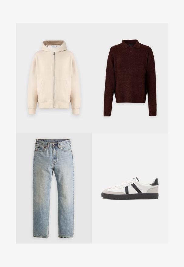 Beige Kapuzenpullover mit durchgehendem Reißverschluss, zwei vorderen Taschen, gerippten Bündchen und Saum. Hergestellt aus weichem, bequemem Stoff.; Brauner Strickpullover mit Polo-Kragen, drei Knöpfen am Hals und langen Ärmeln. Weiche Textur, gerippte Bündchen und Saum.; Helle blaue Jeans mit hoher Taille, Frontknopf, Reißverschluss und fünf Taschen-Design, flach auf einem neutralen Hintergrund ausgelegt.; Weiße Sneaker mit schwarz- und grau-aczenten, ausgestattet mit einer strukturierten grauen Zehenkappe, schwarzer Gummi-Sohle und flachen weißen Schnürsenkeln. Sauberes Design, minimalistische Stil.