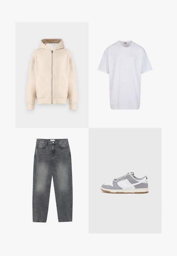 Beige hooded sweatshirt featuring a full zipper, two front pockets, ribbed cuffs, and hem. Made from soft, comfortable fabric.; White cotton t-shirt with short sleeves, rounded neckline, relaxed fit, and no visible logos or patterns. Smooth texture and minimal design.; High-waisted, loose-fitting jeans in faded black denim. Features five pockets, belt loops, and a clean, straight leg design.; Gray and white sneaker with a suede and leather upper, rounded toe, flat laces, and a rubber sole featuring a gum accent.
