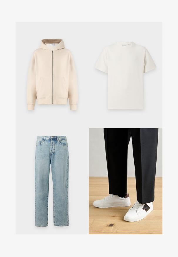 Beige hætte sweatshirt med fuld lynlås, to forlommer, ribbede manchetter og kant. Fremstillet af blødt, komfortabelt stof.; Hvid kortærmet T-shirt i ribbet tekstur. Rund halsudskæring, løs pasform, ingen synlige mønstre eller accenter. Enkel og alsidig design.; Lyseblå lige denimbukser med knap- og lynlås-lukning, forlommer og diskret falmet detaljering.; Hvide sneakers med glat tekstur, prydet med brune læderdetaljer og sorte detaljer, sammen med sorte skræddersyede bukser. Baggrund med trægulv.