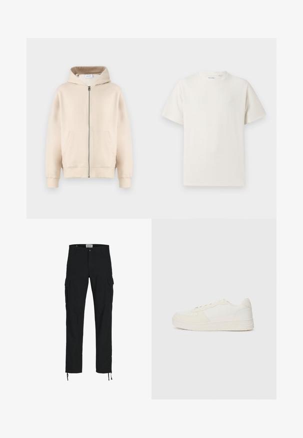 Bež dukserica s kapuljačom koja ima puni patentni zatvarač, dva prednja džepa, rebraste manžete i donji rub. Izrađena od mekog, udobnog materijala.; Bijela kratka majica s kratkim rukavima u rebrastoj teksturi. Okrugli izrez, ležeran kroj, bez vidljivih uzoraka ili akcenta. Jednostavan i svestran dizajn.; Crne cargo hlače ravnog kroja, s bočnim džepovima, kopčanjem na dugme i elastičnim šniranjem na gležnjevima. Izrađene od izdržljivog materijala.; Bijela tenisica s gornjom površinom od glatke kože i akcentima od antilopa. Ima perforirani nos, ravne vezice i gumeni potplat s teksturiranim detaljima.
