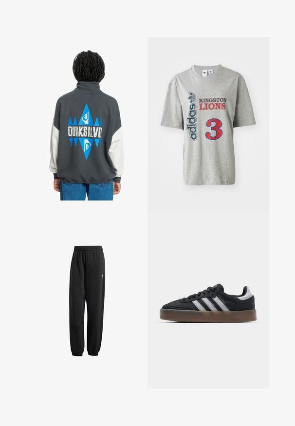 Gray sweatshirt with a high collar, white sleeves, and a blue geometric design featuring the text "QUIKSILVER" on the back. Soft texture.; Gray cotton t-shirt featuring "adidas" logo, "KINGSTON LIONS" text in red and black, and a large red "3" graphic on the front. Short sleeves.; Black sweatpants made of soft, textured fabric. Features an elastic waistband, cuffs, and a small white logo near the hip.; Black sneakers with a sleek design, featuring three white stripes, a black tongue, and a textured brown rubber sole. Accents of gold lettering.
