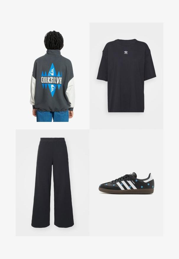 Šedá mikina s vysokým golierom, biele rukávy a modrý geometrický dizajn s textom "QUIKSILVER" na chrbte. Mäkka textúra.; Čierne bavlnené tričko s krátkymi rukávmi, okrúhlym výstrihom, na hrudi s bielym logom Adidas. Jednoduchý dizajn, voľný strih.; Čierne širšie tepláky vyrobené z mäkkej látky, s elastickým pásom a malým logom na ľavej strane.; Čierne kožené tenisky s bielymi pruhmi a kvetinovou výšivkou v modrej farbe. Majú hnedú gumovú podrážku a zaoblený dizajn špičky.