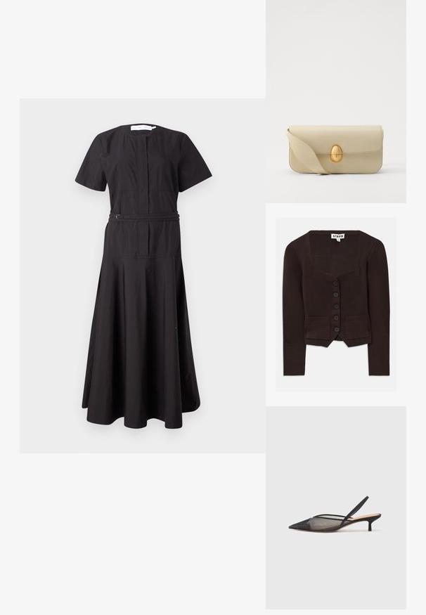 Ruda megzta kardiganas turi kvadratinį iškirptę, šešis juodus mygtukus ir dvi priekinės kišenes su raukšlėmis. Vidutinio ilgio rankovės.; Juoda suknelė su trumpomis rankovėmis, apvaliu kaklu, priekyje su užtrauktuku ir diržu liemeniui. Suflared sijoną ir tekstūruotą audinį.; NEOUS IRENA - Klasikiniai aukštakulniai - black; Bežinė odinė rankinė su lygiu paviršiumi, stačiakampio formos ir auksiniu ovaliu užsegimu. Yra ilga, reguliuojama petneša.