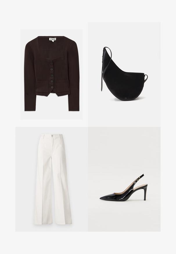 Brown knitted cardigan features a square neckline, six black buttons, and two front pockets with ribbed accents. Mid-length sleeves.; Brown long-sleeve button-up shirt with pointed collar and cuffs, displayed against a plain white background.; White wide-leg trousers made from cotton with a smooth texture. Features a front button, zipper fly, and four-pocket design.; Black patent leather slingback pump with pointed toe, slim heel, and a subtle cutout design. Features a gold buckle on the strap.; Black leather handbag with a curved moon shape, featuring a slim strap and subtle gold branding on the front. Smooth texture with minimal hardware.