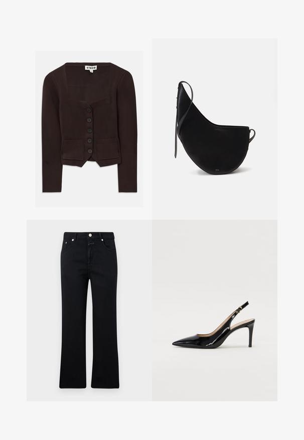Smeđa pletena kardiganica s kvadratnim izrezom, šest crnih dugmadi i dva prednja džepa s rebrastim detaljima. Srednje dugi rukavi.; Crna majica s kratkim rukavima izrađena od mekog pamuka, s okruglim izrezom i blago zakrivljenim dizajnom za opušteni izgled.; Crne traperice s ravnim krojem, stil s pet džepova, metalna oprema i mekana traper tkanina. Minimalističke i ujednačene boje.; Crne lakirane slingback cipele s oštrim vrhom, uskim potpeticama i suptilnim izrezom. Sadrže zlatnu kopču na traku.; Crna kožna torbica u obliku zakrivljenog mjeseca, s tankom naramenicom i suptilnim zlatnim brandiranjem sprijeda. Glatka tekstura s minimalnim hardverom.