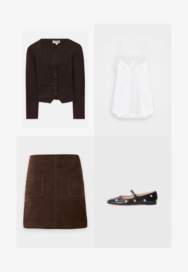 Pruun kudum cardigan, millel on ruudukujuline kaelus, kuus musta nööpi ja kaks eesmist taskut ribakujundusega. Keskmise pikkusega varrukad.; Valge kampsun V-kujuga kaelusega, õhukeste rihmadega, õlgadel tekstuuriga pitsaktsentidega ning kumerate äärtega. Sile kanga tekstuur.; Pruun seemisabal, millel on klassikaline A-linja kuju, kaks eesmist taskut ümarate klappidega ja peened tikandi detailid.; Must naar mustast valmistatud Mary Jane lamedad jalanõud, ümarate varvastega, hõbedaste ümmarguste nupukestega ja reguleeritava rihmaga, millel on klamber.