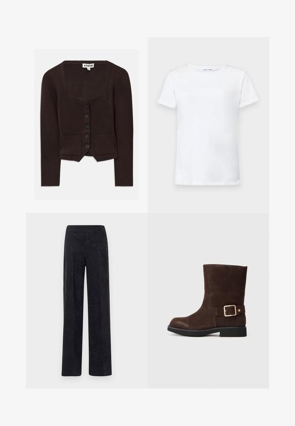 Bruin gebreid cardigan met een vierkant decolleté, zes zwarte knopen en twee voorzakken met geribbelde accenten. Middellange mouwen.; Witte korte mouwen t-shirt van katoen met een ronde hals. Soepele textuur en rechte snit, zonder patronen of accenten.; Corduroy broek in donkergrijs met een recht model, voorzien van een gemêleerd ribbeloppervlak en een elastische tailleband voor comfort.; Bruine suède enkellaars met een ronde neus, platte zwarte zool en gouden gespaccent aan de zijkant. Gladde textuur en eenvoudig ontwerp.
