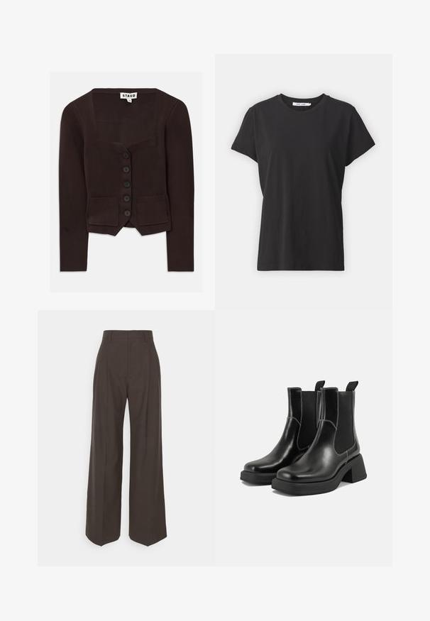 Brown knitted cardigan features a square neckline, six black buttons, and two front pockets with ribbed accents. Mid-length sleeves.; Black cotton t-shirt with a classic crew neck, short sleeves, and a relaxed fit. Smooth texture, no visible patterns or accents.; Dark brown wide-leg trousers with a high waist, featuring neatly pressed creases, smooth texture, and a tailored fit.; Black leather Chelsea boots with a chunky heel, elastic side panels, and contrasting white stitching. Textured finish.