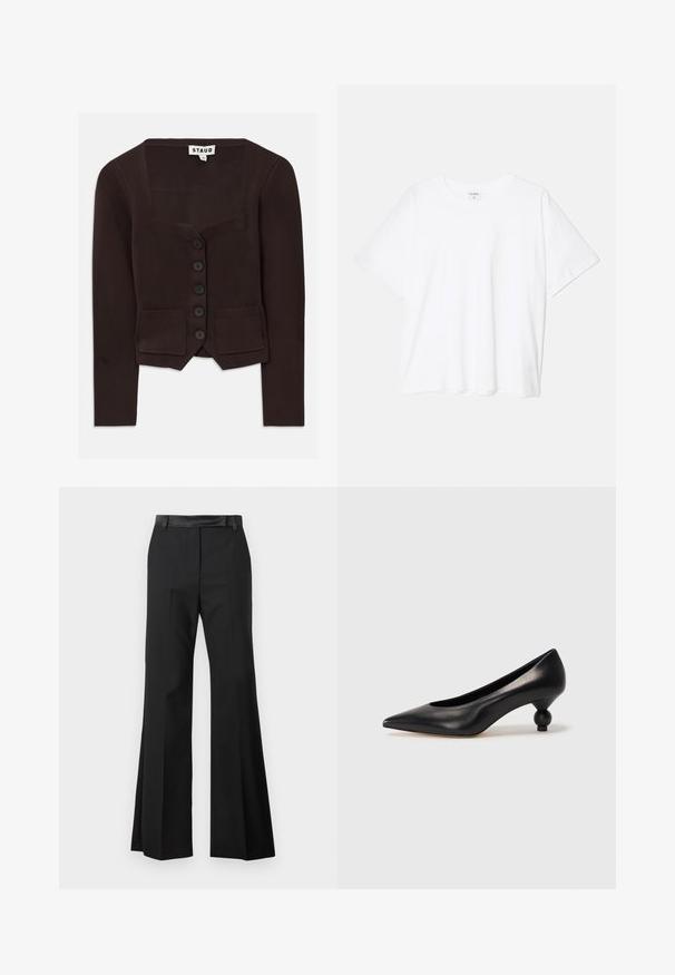 Hnedý pletený kardigán má štvorcový výstrih, šesť čiernych gombíkov a dve predné vrecká s rebrovanými detailami. Stredne dlhé rukávy.; Biely bavlnený tričko s krátkymi rukávmi, okrúhlym výstrihom, voľným strihom a prešitým lemom. Štítok viditeľný na vnútornom krku.; Čierne rozšírené nohavice s hladkým povrchom, so pevným pásom a prežehlenými skladami pre elegantný vzhľad.; Čierna kožená vysoká topánka na podpätku s ostrým špičkou a okrúhlym, guľatým podpätkom. Hladký povrch s moderným, minimalistickým dizajnom.