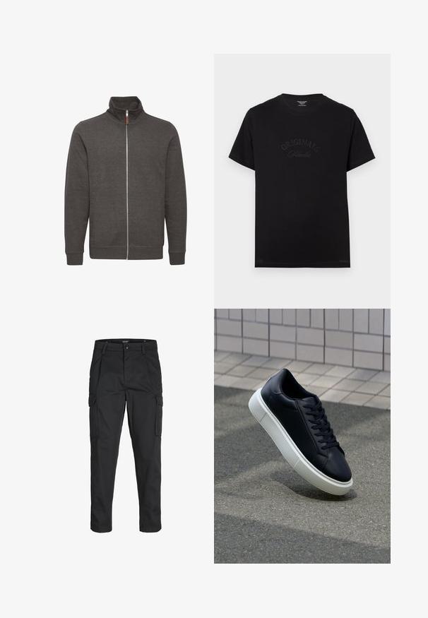 Grijze ritsjack met hoge kraag, gemaakt van zachte stof, met twee zijzakken en ribgebreide manchetten en onderkant.; Zwarte katoenen t-shirt met korte mouwen en een ronde hals. Kenmerkt zich door "ORIGINALS Studio" in ton-sur-ton letters op de voorkant.; Zwarte cargobroek van stevig stof, met meerdere zakken, een knoopsluiting en een slim fit ontwerp met taps toelopende benen.; Zwarte leren sneaker met een ronde neus en een witte rubberen zool. Voorzien van platte veters en minimale stiksels op het bovenwerk. Textuurrijke zool voor grip.