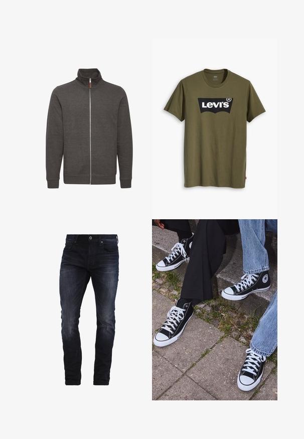 Grijze ritsjack met hoge kraag, gemaakt van zachte stof, met twee zijzakken en ribgebreide manchetten en onderkant.; Olijfgroen katoenen T-shirt met een groot zwart Levi's-logo in een contrasterende semi-gebogen vorm over de borst. Regular fit.; Donkerblauwe slim-fit jeans met een lichte vervaging op de dijen en knieën, met voorzakken, riemlussen en een knoopsluiting.; Zwarte canvas sneakers met hoge schacht, witte rubberen zolen en veters, met een cirkelvormig logo aan de zijkant, gecombineerd met denim en zwarte broeken.