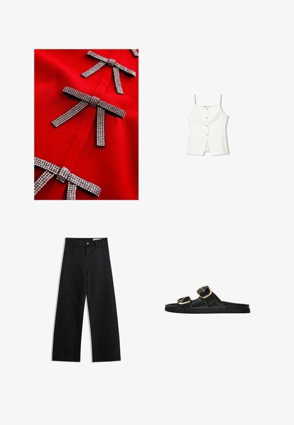 Articol vestimentar tricotat roșu, cu trei fundițe încrustate cu strasuri metalice, evidențiind o textură netedă și un design ajustat.; Top alb fără mâneci, cu închidere frontală cu nasturi, buzunare laterale și un design ajustat cu un tiv ușor evazat. Textură netedă, detalii minime.; Pantaloni din denim negri cu picioare largi, cu talie înaltă, având buzunare frontale și posterioare, cusături dublate și închidere cu nasture. Textură netedă.; Sandalie negre cu toc plat, cu două accente de cataramă aurie, din material texturat neted și design minimalist.