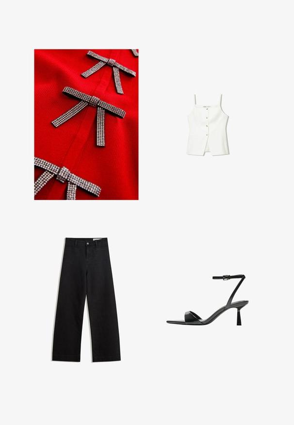 Rode gebreide kleding met drie met metalen strass versierde strikken, met een gladde textuur en een aansluitend ontwerp.; Witte mouwloze top met een knopenfront, zijzakken en een getailleerd ontwerp met een licht uitlopende zoom. Soepele textuur, minimale details.; Zwarte denim broek met wijde pijpen en een hoge taille, voorzien van voor- en achterzakken, gestikte naden en een knoopsluiting. Gladde textuur.; Bershka Sandalen met hoge hak - black