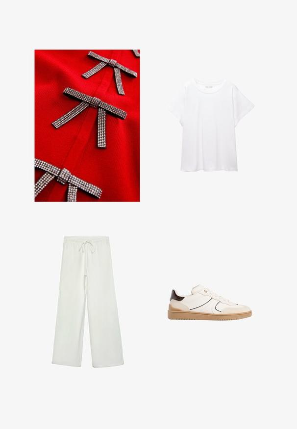 Punainen neulevaate, jossa on kolme metallista strassikoristeista nuppia, esittelee sileää tekstuuria ja tiukkaa muotoilua.; Valkoinen T-paita, joka on valmistettu pehmeästä ja kevyestä kankaasta. Omistaa pyöreän kaula-aukon ja lyhyet, leveät hihat rentoa istuvuutta varten. Ei näkyviä kuvioita.; Valkoiset leveälahkeiset housut pehmeästä kankaasta. Varustettu joustavalla vyötäröllä ja nyörillä sekä sileällä pinnalla. Ei näkyviä kuvioita tai tarvikkeita.; Stradivarius Matalavartiset tennarit - white