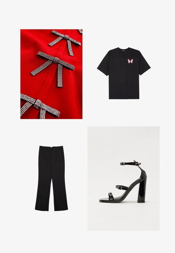 Rotes Strickkleid mit drei mit metallischen Strasssteinen besetzten Schleifen, das eine glatte Textur und ein figurnahes Design aufweist.; Schwarzes Baumwoll-T-Shirt mit kurzen Ärmeln, das ein kleines pinkes Schmetterlingsmotiv auf der linken Brust zeigt. Crewneck-Design mit einem entspannten Schnitt.; Schwarze Hose mit geradem Schnitt, ausgestattet mit Fronttaschen und Seitenschlitzen am Saum. Hergestellt aus weichem, glattem Stoff. Geeignet für verschiedene Anlässe.; Schwarze patentierte Sandalen mit Absatz, quadratischer Spitze, Knöchelriemen und silbernen Schnallen. Mit einem stabilen Blockabsatz für mehr Stabilität.