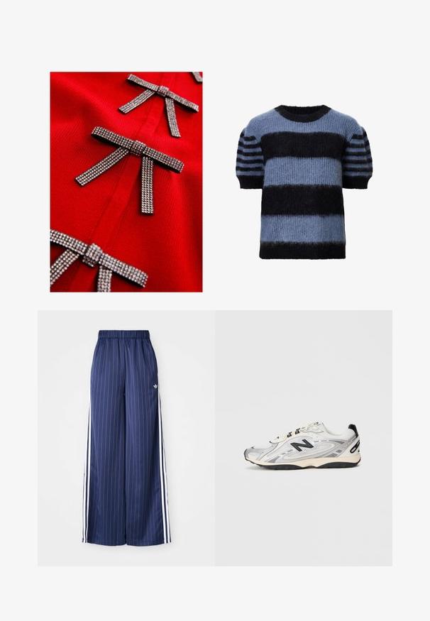 Red knit garment featuring three metallic rhinestone-encrusted bows, showcasing a smooth texture and a fitted design.; Short-sleeved sweater in blended blues and black, featuring thick horizontal stripes and a soft, fuzzy texture. Round neckline, relaxed fit.; Navy blue wide-leg pants with vertical white stripes, elastic waistband, and three white stripes along each side, made from a lightweight material.; Gray and white athletic shoe with a rounded toe, mesh and synthetic materials, black accents, and a textured rubber sole.