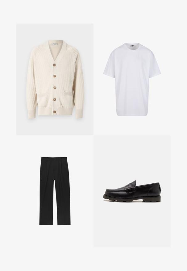 Světle krémový pletený cardigan s výstřihem do V, zapínáním na knoflíky, dvěma předními kapsami a žebrovanými manžetami. Strukturální vzor po celém materiálu.; Bílé triko z bavlny s krátkým rukávem, kulatým výstřihem, volným střihem a bez viditelných log či vzorů. Hladká textura a minimalistický design.; Černé kalhoty s rovnými nohavicemi, vyrobené z hladké tkaniny. Mají přední záhyby a jedno knoflíkové zapínání v pase.; Černé kožené mokasíny s kulatou špičkou, dekorativním prošíváním a texturovanou podrážkou pro lepší přilnavost. Mírně zvýšený podpatek.