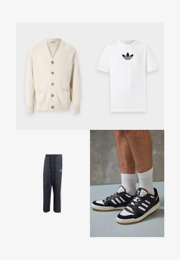 Cardigã tricotado de cor creme, com decote em V, fecho de botão, dois bolsos frontais e punhos canelados. Padrão texturizado em todo o tecido.; T-shirt de algodão branco com um logo preto da Adidas no centro. Mangas curtas e um design de gola redonda. Textura suave.; Calças atléticas pretas com um padrão de estampa de leopardo, apresentando um design de três riscas brancas e um logotipo de marca atlética na lateral.; Ténis em preto e branco com upper em camurça e couro, apresentando três riscas brancas, um toe perfurado e uma sola em borracha de goma.