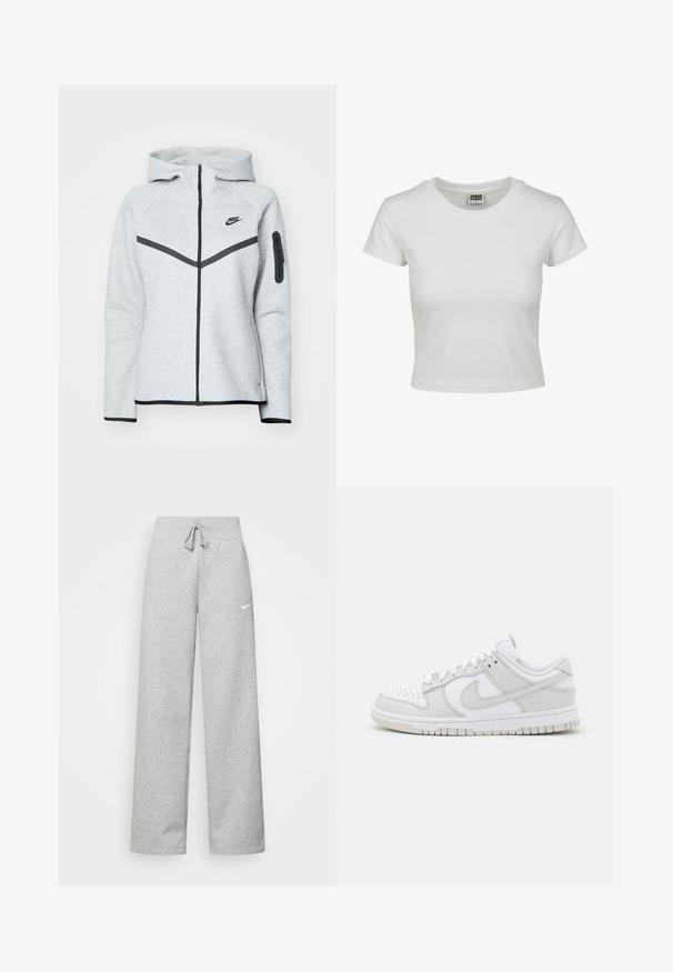 Grå hettegenser med glidelås og svarte detaljer, med et diagonalt design på forsiden, Nike-logo og en glidelåslomme på ermet.; Hvit bomulls t-skjorte med klassisk rund hals, korte ermer og en tettsittende form. Ingen mønstre eller detaljer synlige.; Grå joggebukser med elastisk midje, snøring og en liten hvit Nike-logo på venstre lår. Mykt stoff, løs passform.; Hvite lær sneakers med grå detaljer, perforert tå, flate lisser, polstret krage og en teksturert gummisåle.