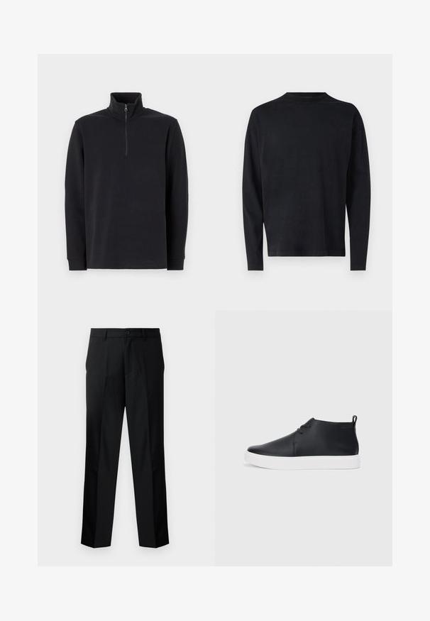 Črn pulover z dolgimi rokavi in stojnim ovratnikom ter četrtinskim zadrgo spredaj na belem ozadju.; Črna dolga majica z dolgimi rokavi iz mehkega blaga. Ima okroglo izrezano ovratnik in spuščene ramena. Gladka textura brez vidnih vzorcev.; Črne hlače z ravnim krojem, s zapiranjem na gumb, zadrgo in obrobo za pas. Gladek material z stranskima žepoma.; Črne usnjene visoke superge s gladko površino, bela gumijasta podloga in preprosta zasnova vezalk. Imajo držalo na hrbtni strani.