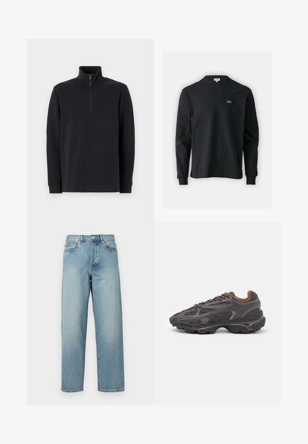 Pullover preto de mangas compridas com gola alta e fecho de correr de um quarto na parte da frente, em fundo branco.; Camisola preta de manga longa feita de algodão, com decote redondo e um pequeno logótipo de crocodilo bordado em verde no lado esquerdo do peito.; Jeans de denim azul claro com um corte solto, pernas retas, design de cinco bolsos e fecho de botão na cintura. Detalhe de costura minimalista.; Ténis Lacoste em cinza-escuro com material em malha e sintético, apresentando uma sola texturizada e detalhes castanhos na gola e na marca.