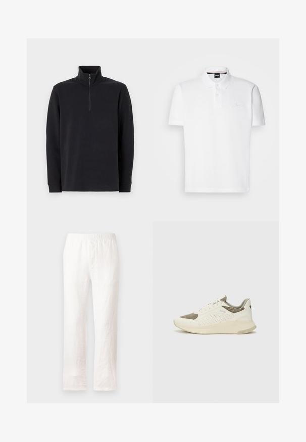 Crni pulover dugih rukava s visokom kragnom i patentnim zatvaračem do četvrtine dužine sprijeda, na bijeloj pozadini.; Bijela polo majica izrađena od mješavine pamuka i poliestera, s ovratnikom, dvobotonim kopčanjem i suptilno vezanim logotipom na prsima.; Bijele lanene hlače s elastičnim pojasom, ravnog kroja i blago teksturirane tkanine. Bez uzoraka ili dodatnih detalja.; Bijele i svijetlosmeđe sportske tenisice, sa mrežastim gornjim dijelom, perforiranim detaljima i teksturiranim međutrakom sa brendom na peti.