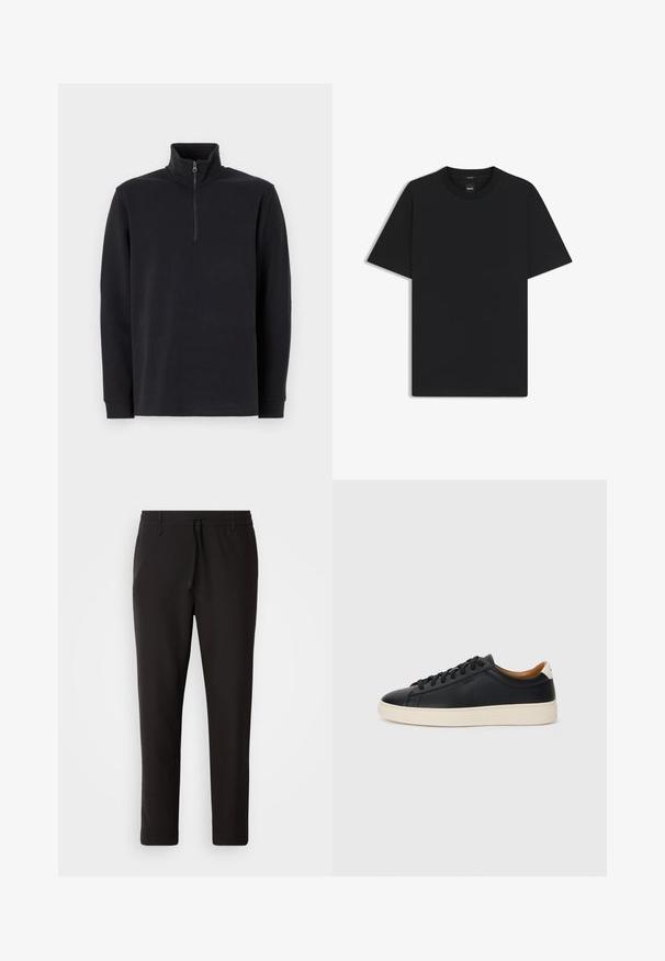 Zwart langemouwen pullover met een staande kraag en een rits van een kwart lengte aan de voorkant, tegen een witte achtergrond.; Zwarte korte mouwen T-shirt van een gladde katoenmix, met een ronde halslijn en een minimalistisch ontwerp zonder patronen of accenten.; Zwarte joggingsbroek van gladde stof. Kenmerkt zich door een elastische tailleband met een trekkoord, taps toelopende benen en geen zichtbare zakken. Eenvoudig ontwerp.; Zwarte leren sneakers met een gladde textuur, beige rubberen zool, vetersluiting en een contrasterende hielaccent.