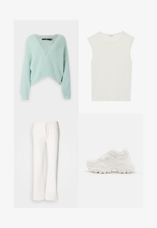 Világos menta zöld, cropped pulóver, puha textúrával, V-nyakkivágással és hosszú ujjakkal, bordás mandzsettákkal. Kiemelkedő szőtt minta.; Fehér ujjatlan felső, kerek nyakkivágással. Simább anyagból készült, laza fazonnal és minimalista kialakítással rendelkezik. Nincsenek minták vagy díszítések.; Fehér, laza szabású melegítőnadrág, puha anyagból készült, rugalmas derékkal és zsinórral, egyenes szárú kialakítással.; Fehér, vastag talpú sportcipők, textúrált felsőrésszel, hálós panelek árnyékolásával és vastag, kiemelkedő mintázatú gumitalppal. Zsinórok és húzófül tartozik hozzá.
