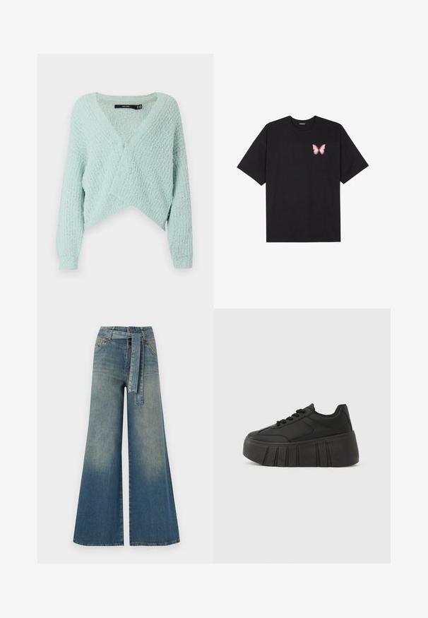 Svijetlo mint zelena skraćena puloverica s mekanom teksturom, dizajnom u obliku V, i dugim rukavima s rebrastim manžetama. Zapažen tkaný uzorak.; Crna pamučna majica s kratkim rukavima, s malim grafičkim prikazom ružičaste vjetricaste s desne strane na prsima. Dizajn s okruglim izrezom i opuštenim krojem.; Široke traperice s gradijentom od svijetloplave do tamnoplave, visokog struka, petljama za remen i remenom od istog materijala. Teksturirana traper tkanina.; Crne platforme tenisice s glatkim sintetičkim gornjim dijelom, zaobljenim vrhom, vezicama i debelim, rebrastim potplatom za dodatnu visinu.