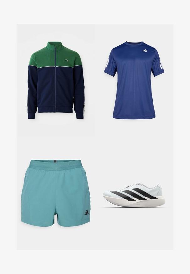 Visi džinsai užtrauktuku su žalia viršutine krūtine ir pečiais, tamsiai mėlyna apatine dalimi ir rankovėmis, baltais krašteliais ir mažuoju krokodilo logotipu ant krūtinės.; Tamsiai mėlyna trumpa rankovė sportinė marškinė, pagaminti iš lygios medžiagos, su apvalia iškirpte ir balto logo detale viršutiniame kairiajame krūtinės kampe.; Tamsiai mėlyni atletiniai šortai su tekstūruotu juosmeniu, šoninėmis kišenėmis ir juodu Adidas logotipu apatiniame dešiniajame kampe. Lengvas audinys.; Lengvi bėgimo batai šviesiai mėlynos spalvos su juodomis juostelėmis. Yra lygus viršus, apvalus pirštas ir storas baltas vidpadis su užrašu "LIGHTSTRIKE PRO."