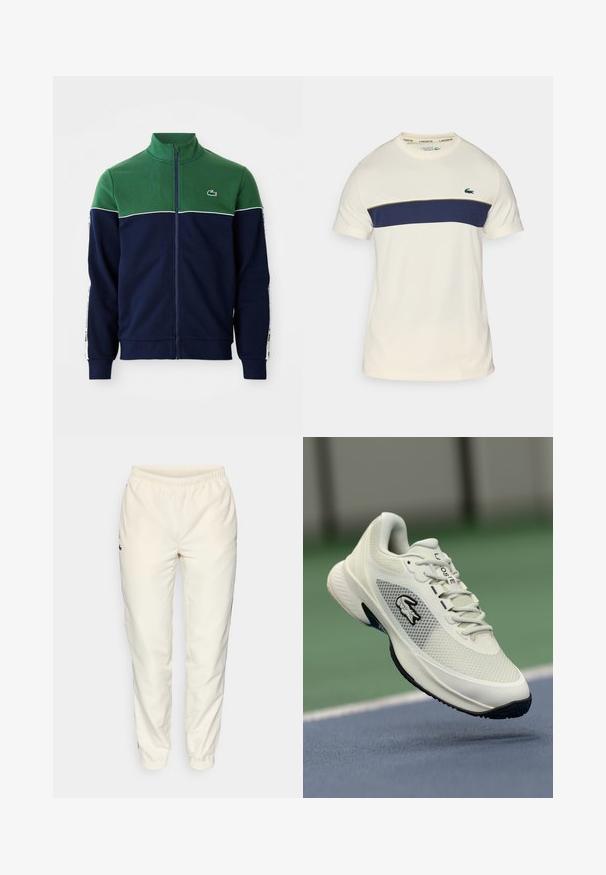 Pilnībā atverams džemperis ar zaļu augškrūti un pleciem, tumši zilām apakšējām daļām un piedurknēm, baltām apdari un mazu krokodila logo uz krūšu.; Kādam un jūras zila Lacoste t-kreklu ar apļveida kakla izgriezumu, īsām piedurknēm un horizontālu krāsu bloku. Iezīmēts ar zaļu krokodila logo.; Krēma krāsas sporta bikses ar elastīgu jostu, sašaurinātiem diegiem un mazu tumši zaļu logotipu kreisajā pusē. Gluda, viegla auduma.; Balti sporta apavi ar sieta materiāla augšpusi, melniem akcentiem, teksturētu zoli un izteiktu logo sānos, attēloti pret sporta laukuma fonu.