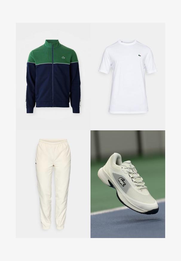 Full-zip jacket with green upper chest and shoulders, navy lower body and sleeves, white piping, and small crocodile logo on chest.; White cotton t-shirt with a crew neck, short sleeves, and a small green crocodile logo on the left chest. Smooth texture, regular fit.; Cream-colored athletic pants with an elastic waistband, tapered legs, and a small dark green logo on the left side. Smooth, lightweight fabric.; White athletic sneaker with a mesh upper, black accents, textured sole, and prominent logo on the side, displayed against a court background.