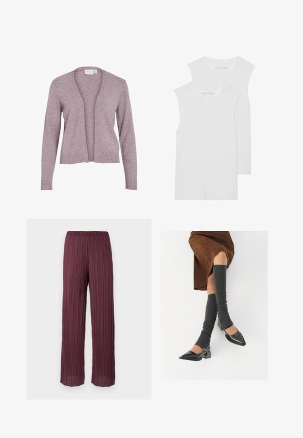 Jasnofioletowy kardigan wykonany z miękkiej dzianiny. Posiada otwarty przód, ściągacze przy mankietach i u dołu oraz luźny krój i średnią długość.; Dwie białe bezrękawniki z miękkiej bawełny, z okrągłym dekoltem i bez widocznych wzorów czy dodatków.; Spodnie plisse w głębokim burgundzie z elastycznym pasem, charakteryzujące się luźnym krojem w szerokie nogawki oraz pionowymi plisami na całej długości.; Czarne lakierowane buty na szpilce z prostokątnym obcasem i paskiem na kostce, zestawione z szarymi prążkowanymi ocieplaczami na nogi oraz brązową zamszową spódnicą.