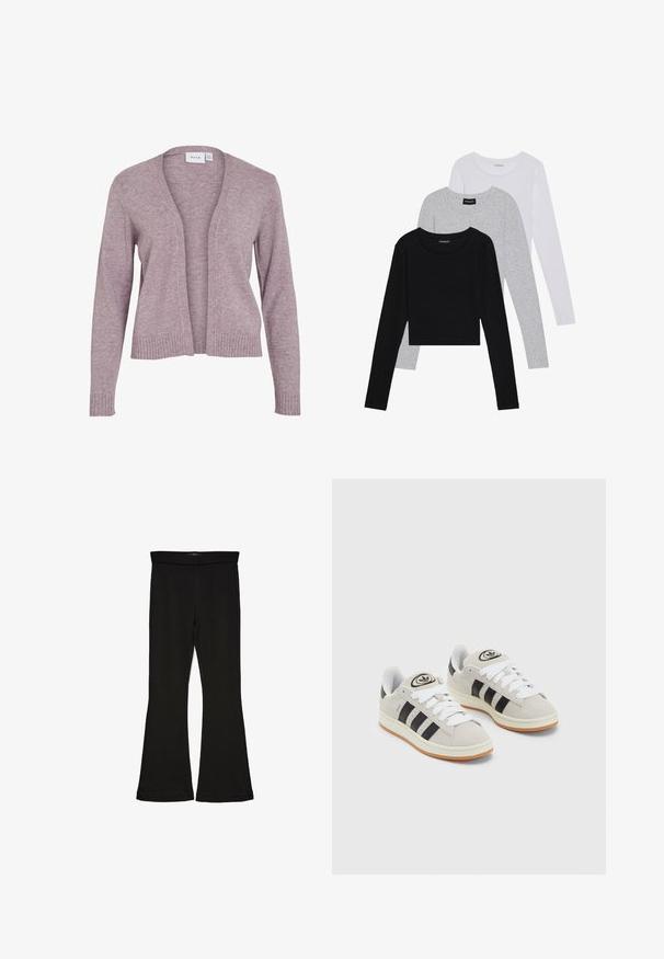 Gaiši lavandas krāsas cardigan, kas izgatavots no mīksta adījuma auduma. Iezīmējas ar atvērtu priekšpusi, ribinātām piedurknēm un apakšmalu, kā arī ar brīvu piegriezumu un vidēju garumu.; Trīs garām piedurknēm veidotas augšdaļas, sakrautās: melna, pelēka un balta. Katram ir noapaļots kakla izgriezums un īsa dizaina forma ar gludu, vieglu audumu.; Melnas flared leggings, kas izgatavotas no stiepjama auduma. Iezīmējas ar platu jostasvietu un gludu tekstūru, ar pieguļošu siluetu, kas paplašinās pie apakšmalas.; Pelēkas zamšādas kedas ar baltām saites, melnām svītrām un baltu gumijas zoli. Raksturīga apļa logo uz mēles un gumijas zole.