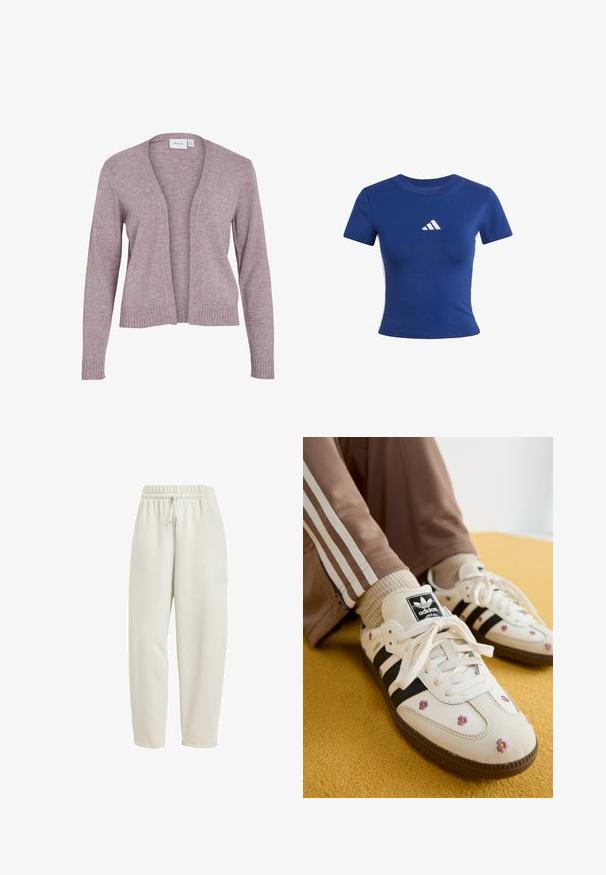 Light lavender cardigan made of soft knit fabric. Features a open front, ribbed cuffs and hem, with a relaxed fit and medium length.; Blue cotton t-shirt with short sleeves, featuring a white Adidas logo on the chest and contrasting white side panels.; Light beige sweatpants made from soft fabric, featuring an elastic waistband with a drawstring and a subtle logo accent on the side.; White leather sneakers with three black stripes and floral embroidery in purple and yellow. Brown rubber sole. Paired with beige ribbed socks.