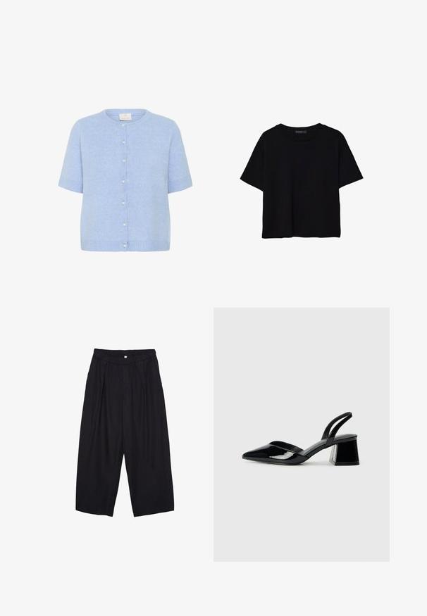 Svetlo modra pletena jakna s kratkimi rokavi, okroglo izrezano in majhnimi bisernimi gumbi na sprednji strani. Mehka tekstura in sproščen kroj.; Črna kratkotrajna majica brez rokavov iz bombaža. Ima okroglo ovratnico in sproščen kroj z gladko, enostavno teksturo. Brez vidnih vzorcev ali dodatkov.; Črne poliesterske culotte hlače z elastičnim pasom, dvema sprednjima nabiranjema in ohlapnim krojem. Brez vidnih vzorcev ali kovinskih detajlov.; Črne lakirane slingback pete s koničastim nosom in geometrijsko blokasto peto. Imajo eleganten, minimalističen dizajn in gladko teksturo.
