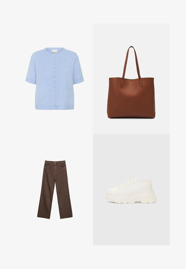 Hellblauer, gestrickter Cardigan mit kurzen Ärmeln, rundem Halsausschnitt und kleinen Perlenknopfverschlüssen auf der Vorderseite. Weiche Textur und lässige Passform.; Weißes T-Shirt mit kurzen Ärmeln aus Baumwolle. Hat einen Rundhalsausschnitt und eine lockere Passform. Glatte Textur ohne sichtbare Muster oder Akzente.; Weite braune Jeans aus Denim, mit hoher Taille, Fronttaschen und klassischem Knopfverschluss. Glatte Textur mit feinen Nähten.; Weiße Leinensneaker mit einer massiven Sohle, abgerundeter Spitze und fünf Ösen für Schnürsenkel. Hinterer Tab für ein einfaches Anziehen. Glatte Textur, minimalistisches Design.; Braune Leder-Tote mit glatter Textur, offenem Oberteil und zwei Schulterriemen. Verfügt über minimale Nähte und keine sichtbaren Beschläge.
