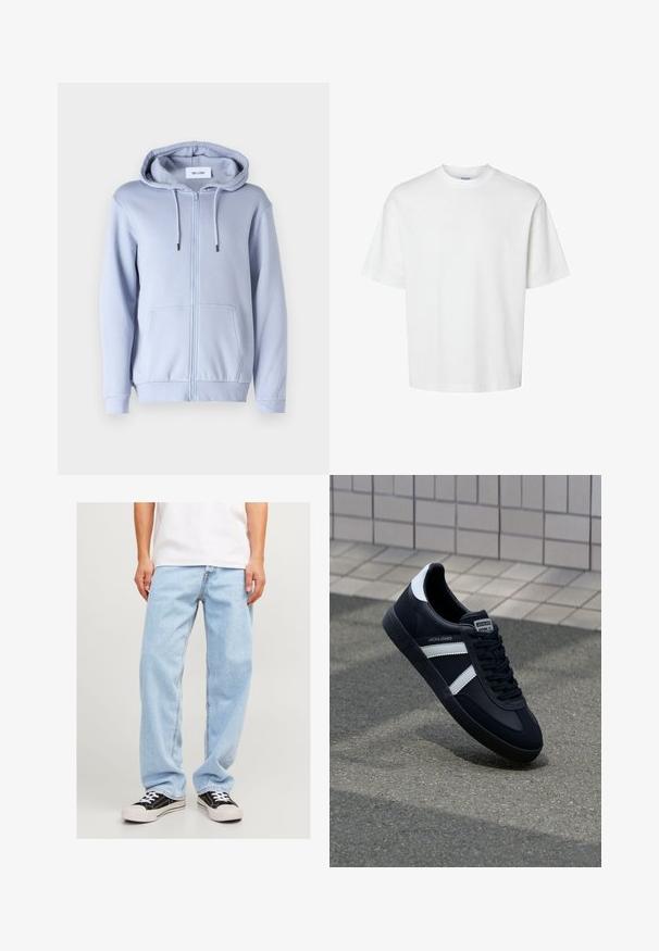 Only & Sons ONSCERES LIFE HOODIE - Mikina s kapucňou - eventide; Biele bavlnené tričko s krátkymi rukávmi, okrúhlym výstrihom a voľným strihom. Hladká textura bez viditeľných vzorov alebo akcentov.; Svetlomodré džínsy s uvoľneným strihom, so straitpno nohou a štandardným prešívaním, skombinované s čiernymi teniskami.; Čierne kožené tenisky s bielymi pruhmi, textúrovanou gumovou podrážkou a šnurovaním vpredu. Obsahujú označenie značky na jazyku.